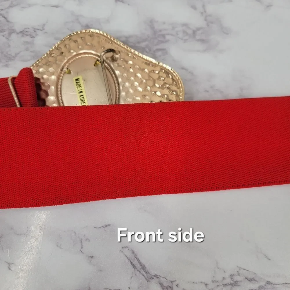 Vintage 80s Red Stretch Belt with Hammered Metal Gold Buckle Red Gem